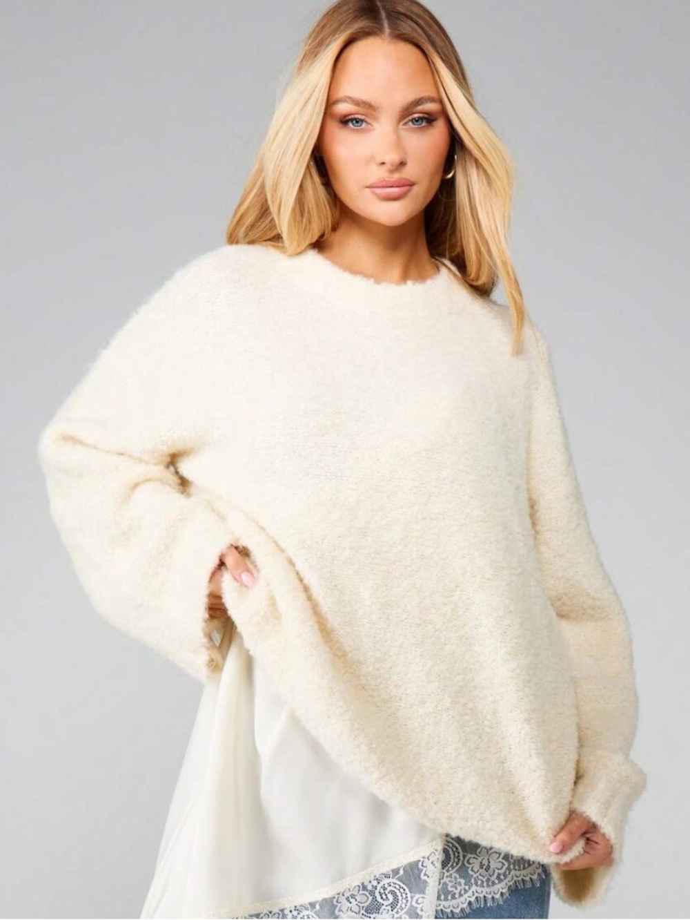 We The Free Cream Bouclé Crewneck Sweater